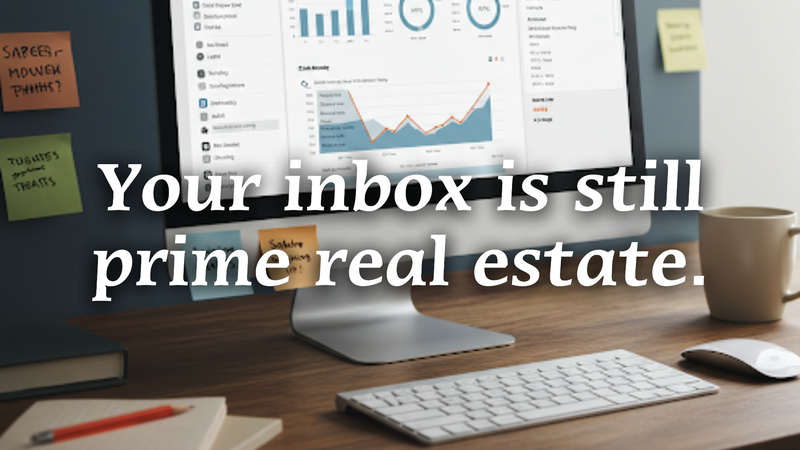 Desktop computer on a wooden desk with email marketing open.